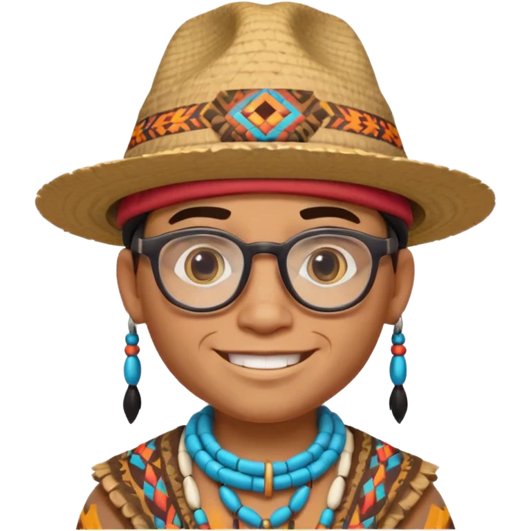 cute Indigenous tribal male character portrait, head and shoulders only, wearing glasses, stylish hat, friendly smile, colorful tribal patterns, 3D cartoon, mobile game icon style, clean background, no text, no watermark
 emoji