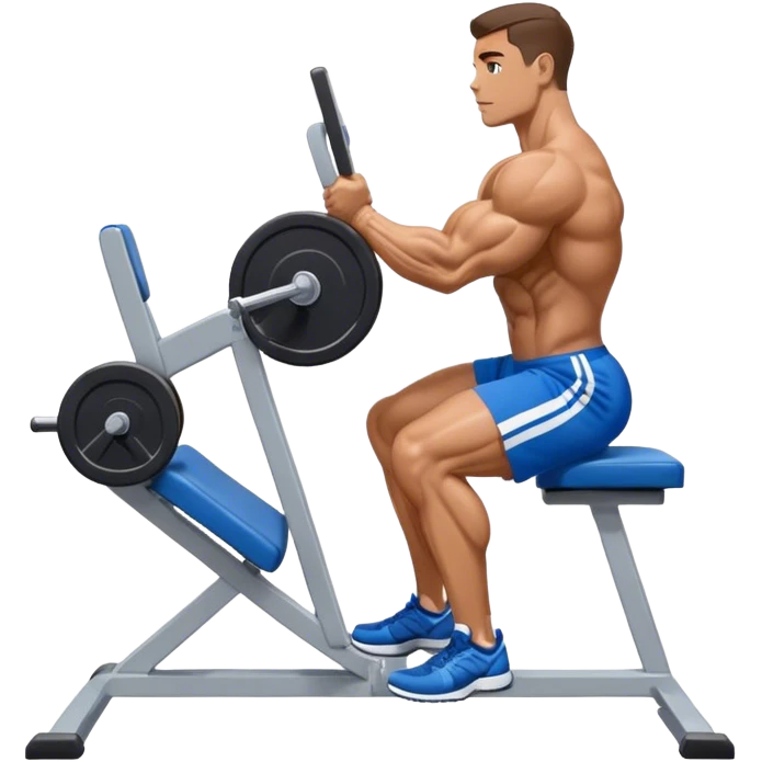 side-view bodybuilder in blue shorts seated weighted calf-raise machine on his tip toes emoji