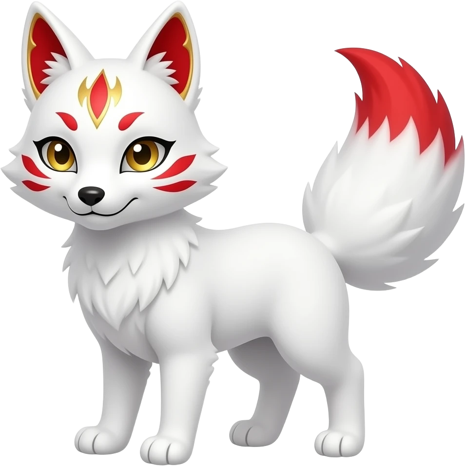 A pure white one-tailed kitsune (fox form,) with red accents, (two on each cheek, and a single one of its forehead,) red on the insides of its ears, (with gold markings inside of its ears,) pale golden eyes, pure white paws and a red tail tip. emoji