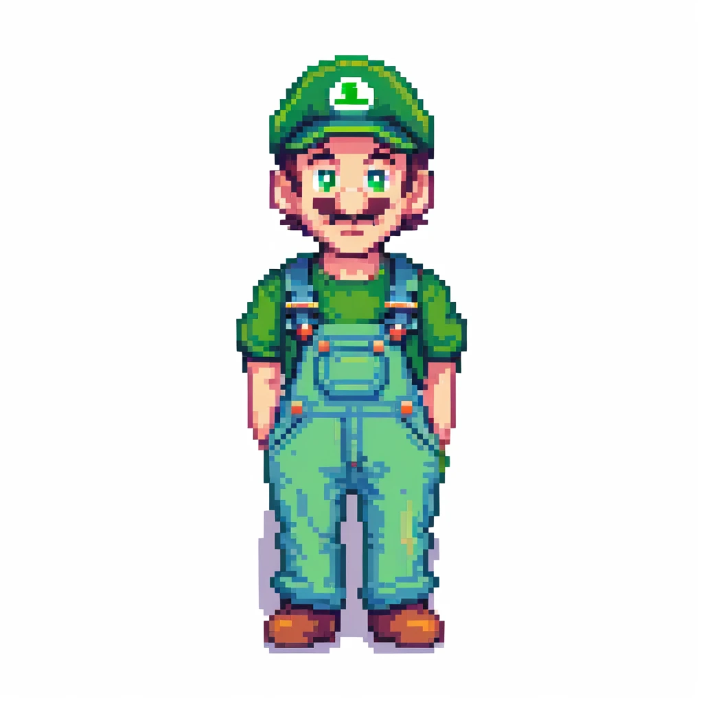 Luigi character in classic green hat and overalls, pixel art style emoji