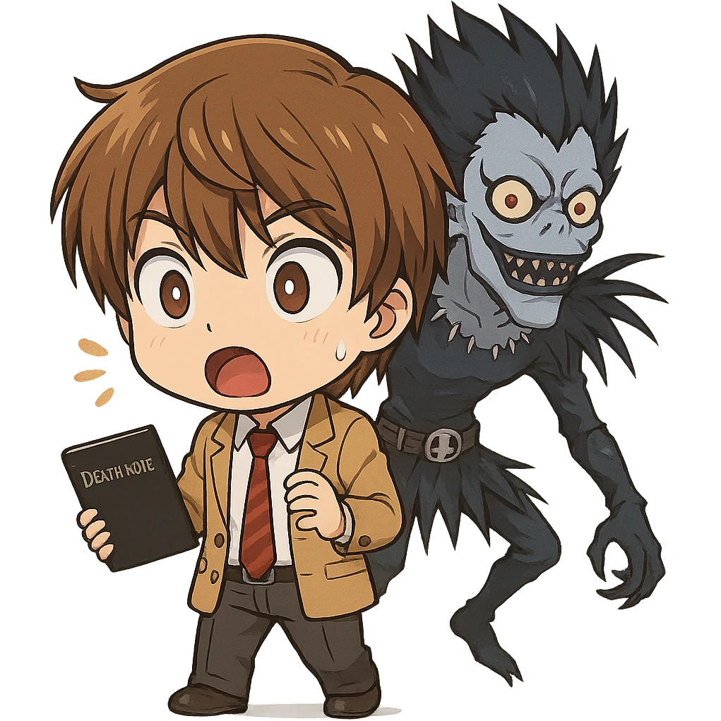 chibi style Light Yagami from Death Note surprised expression, Ryuk in the background, brown hair, school uniform emoji
