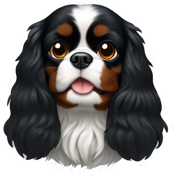 Small completely black king charles spaniel with black fur on his whole face and white fur on chest emoji