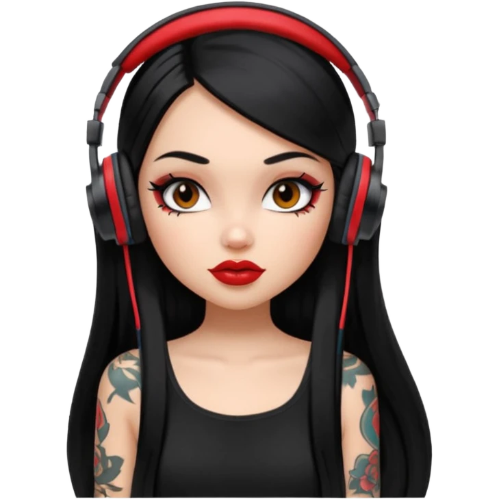 generate a pretty bratz girl with black long straight hair and headphones on, tattoo on shoulder, eyeliner on emoji