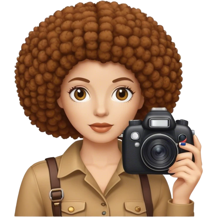 White woman with brown Afro holding camera  emoji