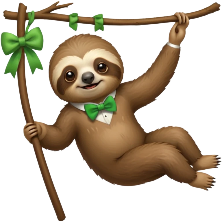 cute swinging Sloth on stick, green bow tie emoji