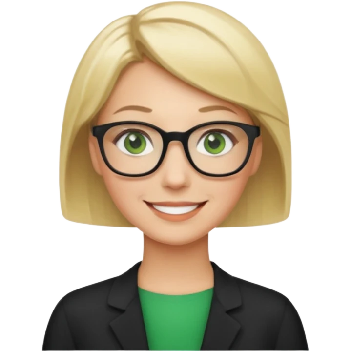blonde teacher with short hair and green eyes and black glasses smiling emoji