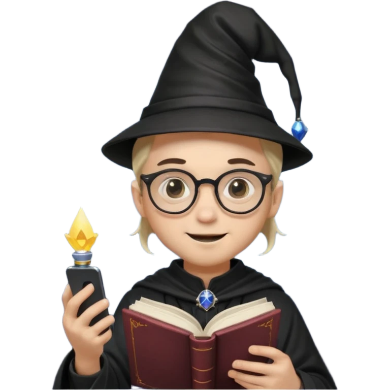 ["A happy boy with light skin, ponytail, wearing a wizard hat and square glasses, dressed in goth fashion, is reading a book while holding a phone."] emoji