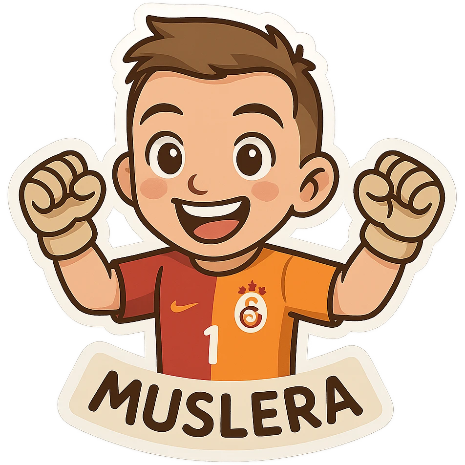 Muslera wearing goalkeeper gloves and Galatasaray jersey, smiling energetically, cartoon style emoji