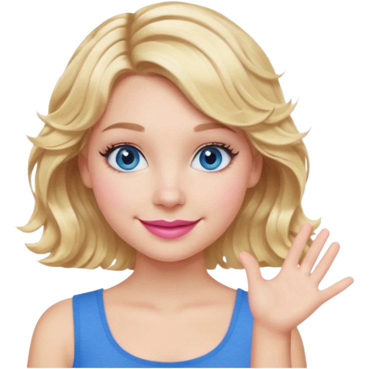 Girl Blonde short wavy hair,  blue eyes, cute blue top, long lashes, pink lips, smiling, one hand 🤷🏼‍♀️  emoji