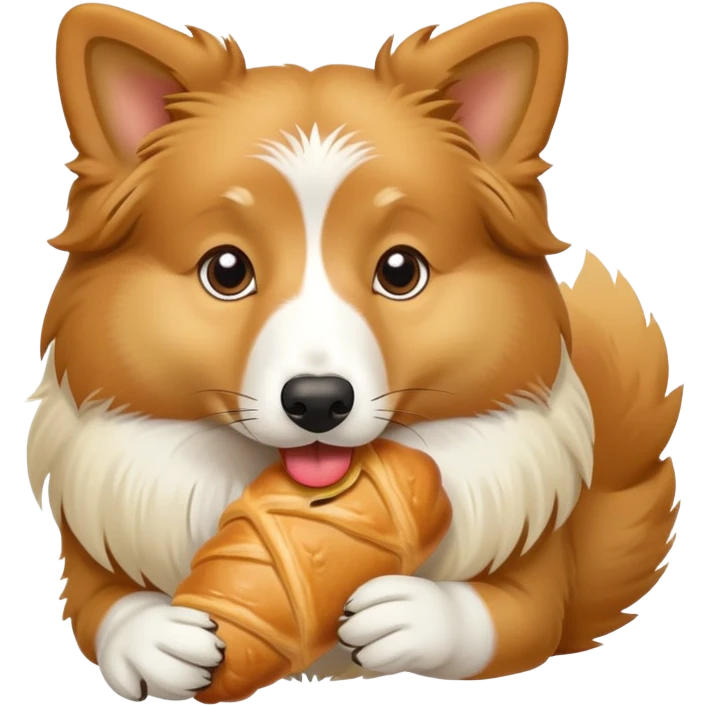 Light Shetland sheepdog eating croissant emoji