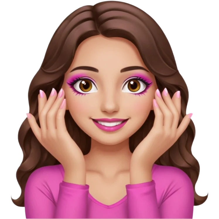 girl with long wavy brown hair, brown eyes, long lashes makeup, sexy pink lips, light to medium complexion, wearing a pink sexy top, smiling, hands covering over the eyes emoji