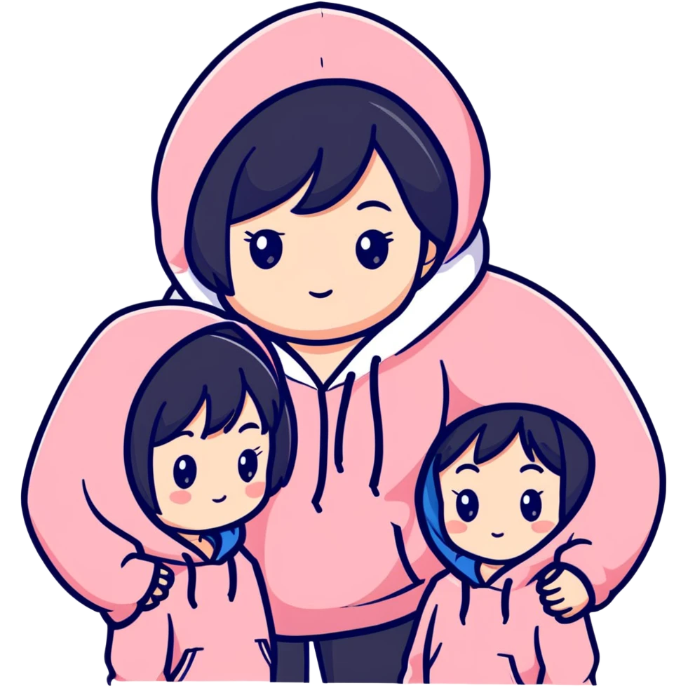 Two adorable Japanese girls with black hair wearing casual Western clothing like hoodies or blouses, their cheeks touching, kawaii style emoji