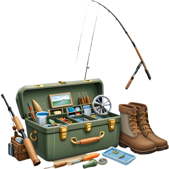 Icon for Fishing: a boat on the shore of a peaceful water body with a beautiful natural landscape, a fishing tackle box, a spinning rod, and boots nearby. The icon should capture the tranquility and gear of a fishing adventure. Transparent background. emoji