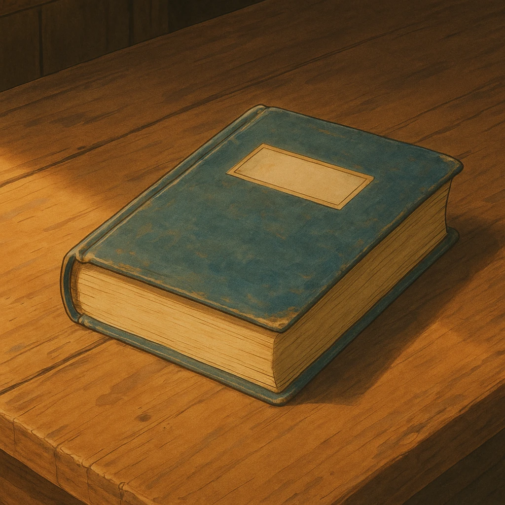 realistic ghibli style illustration of a book on a wooden table emoji