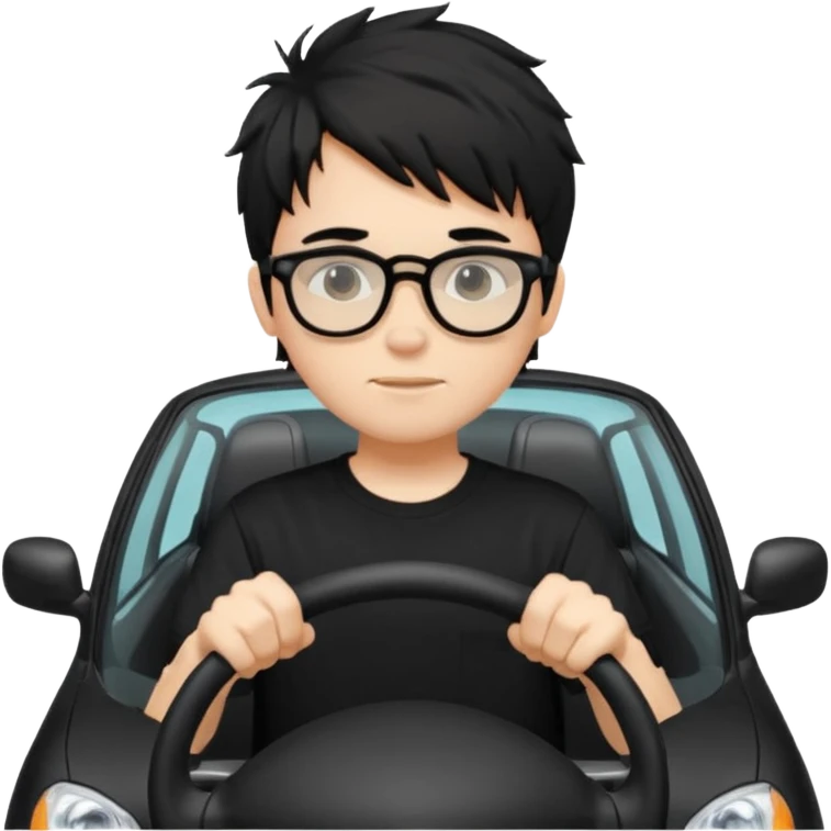 generate a pretty bratz fair skinned boy with black messy hair wearing a black tshirt driving. Glasses on.  emoji