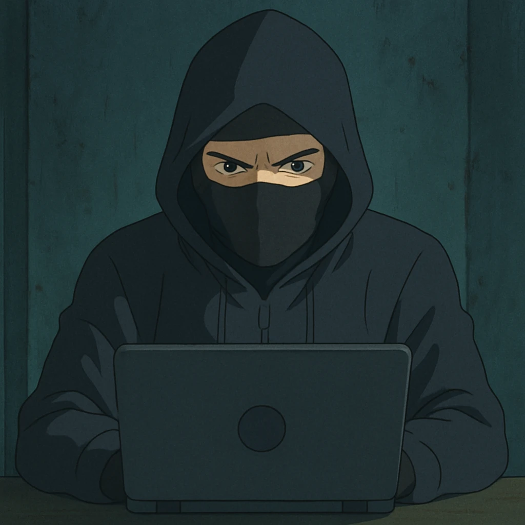 A vigilante hacker in dark clothing behind the labtop view from the front emoji