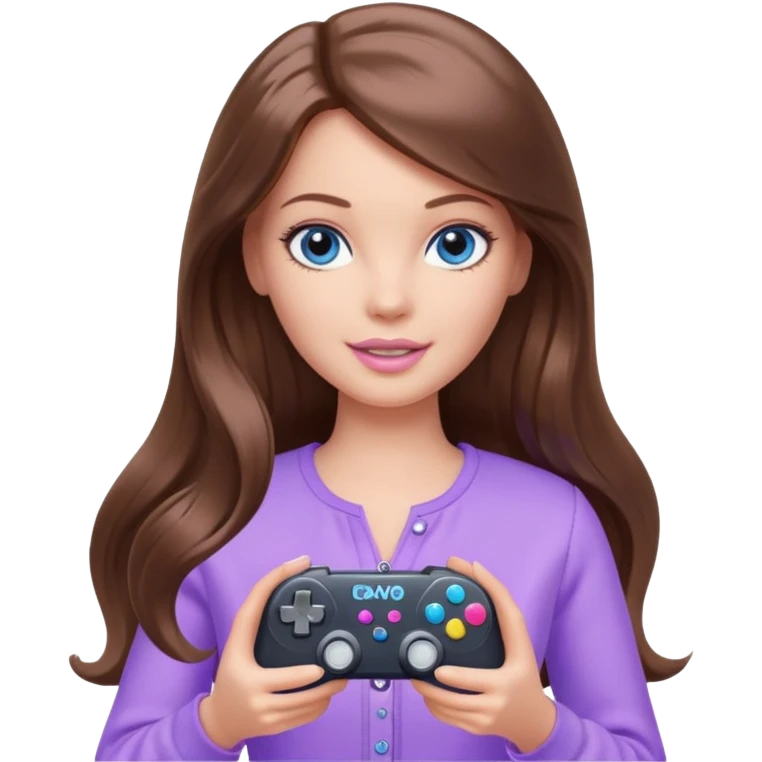 beautiful barbie girl with long brown hair, blue eyes and wearing light purple clothes playing console games with controller emoji