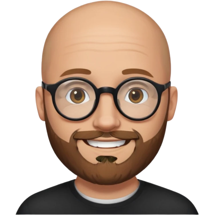emoji 32-year-old white man, bald with a brown beard, wearing round black glasses emoji