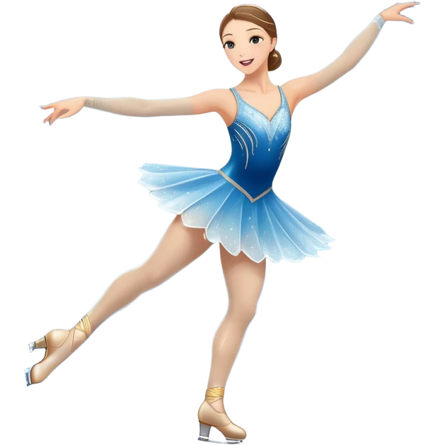 An icon showing a graceful figure skater mid-spin on a sparkling ice rink, wearing an elegant costume. The background features festive arena lights, snowflakes, and cheering spectators. Transparent background captures the beauty, artistry, and elegance of figure skating. emoji
