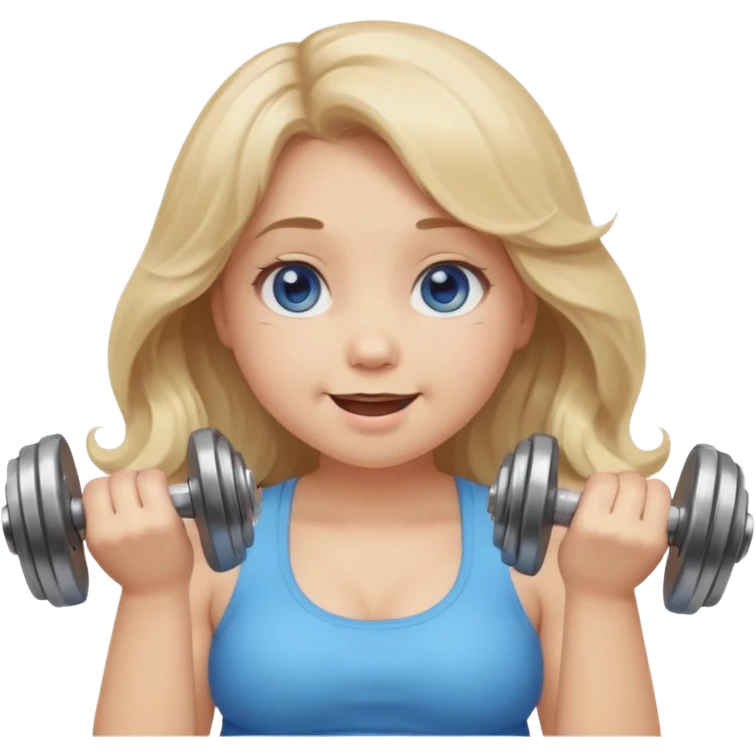 Kawaii emoji girl with big  blue glossy eyes, long wavy dirty blonde hair, happy expression, holding a dumbell, chubby cheeks, soft pastel colors, cozy and sweet aesthetic, clean background. emoji