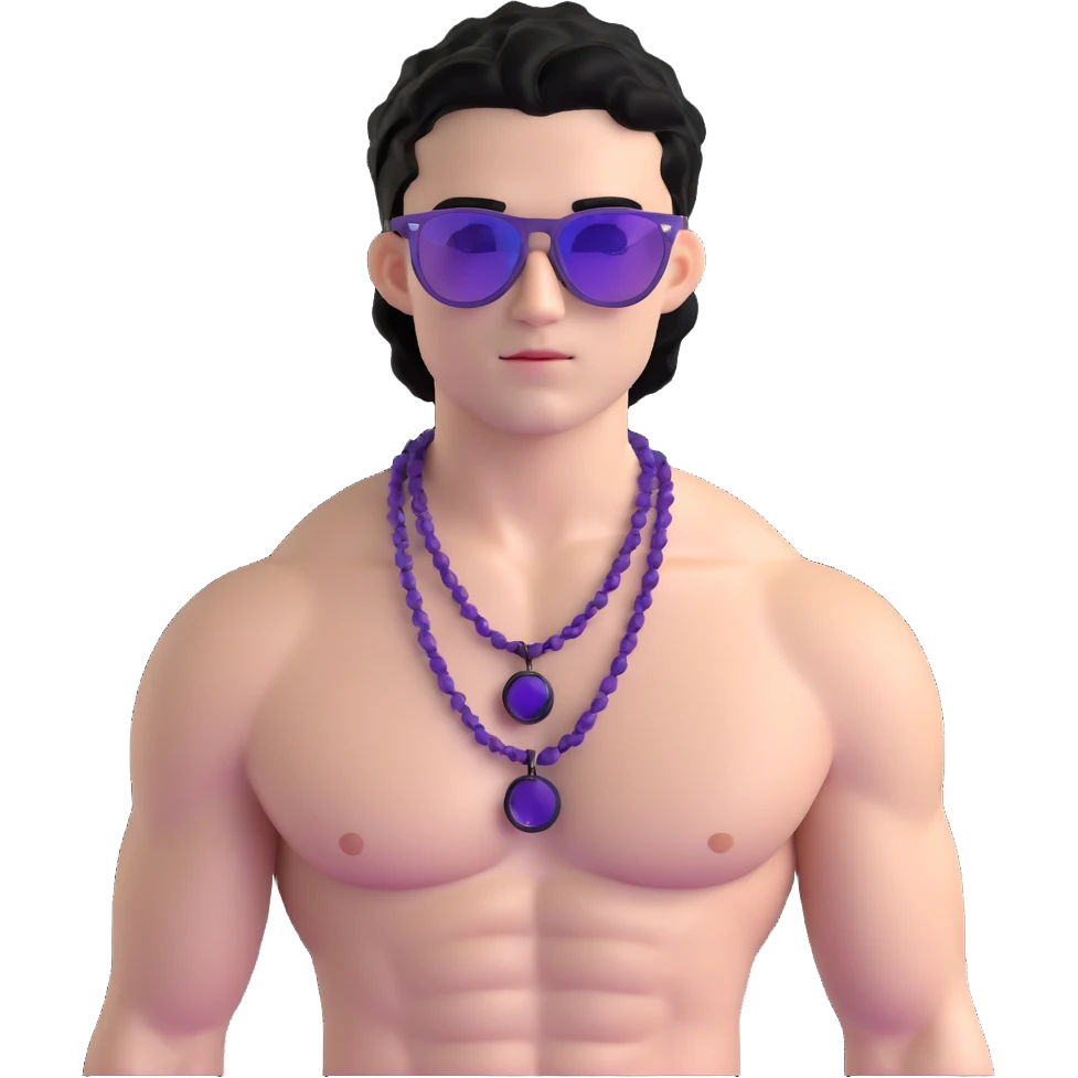 shirtless male athlete with white skin and moderately curly black hair on top with shaved sides, wearing purple sunglasses with black tinted lenses and a shiny black necklace emoji