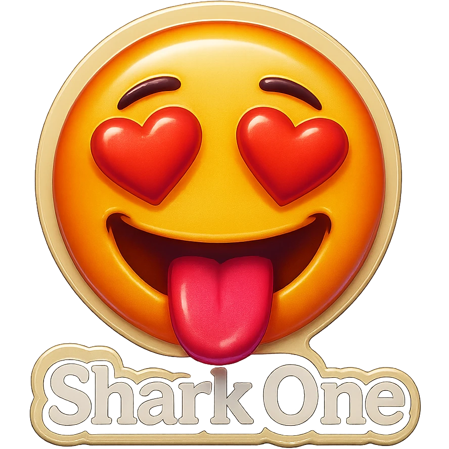 mouth open with tongue out
heart shaped eye
add the words “ Shark One " in White emoji