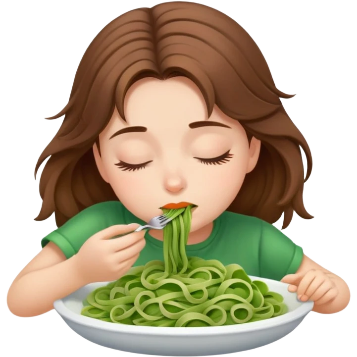 Brown haired girl eating green pasta totally asleep emoji
