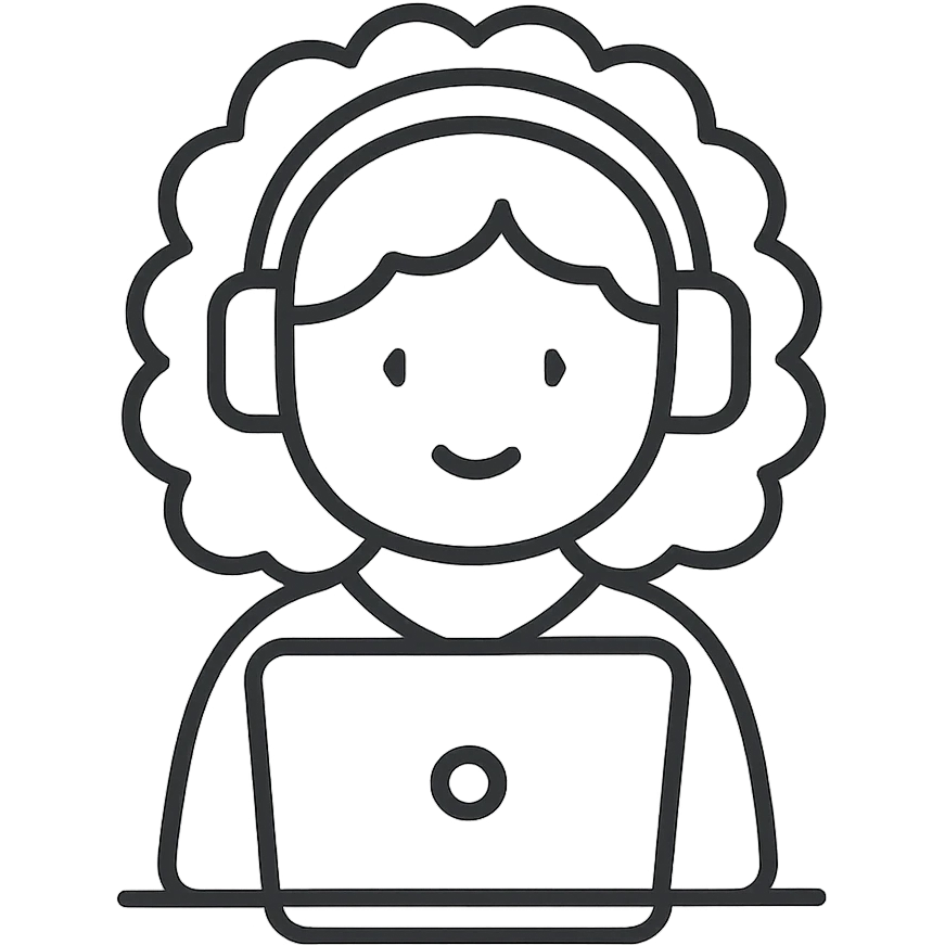 hand drawn outline icon of a curly hair girl with headphones and a laptop emoji