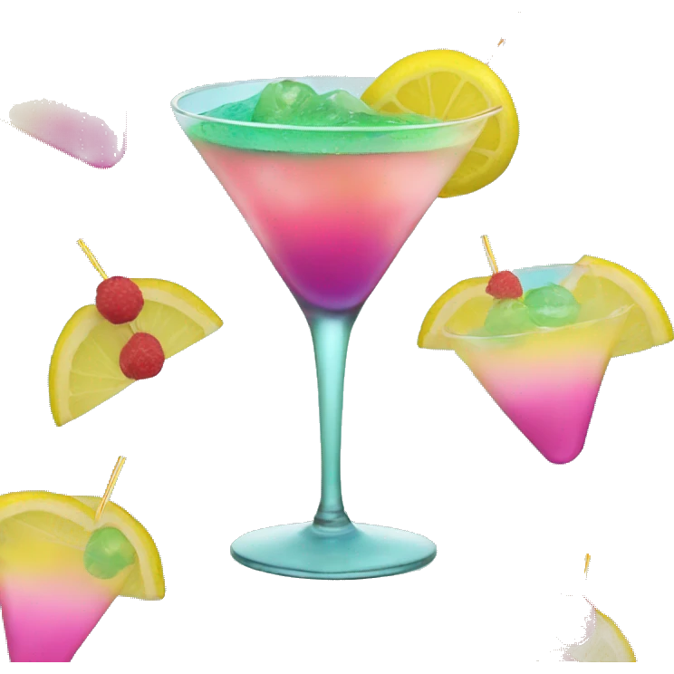 Bluish green cocktail with pink and yellow emoji