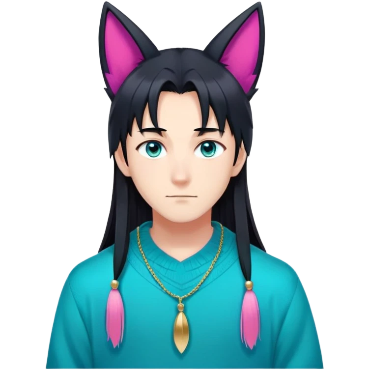 anime man with long-straight-dark-black hair, long black fox ears with pink Scapha, colorful-gradient-brown-turquoise eyes, gold earring, dark-blue-sweater, white pupils, turquoise tassel emoji