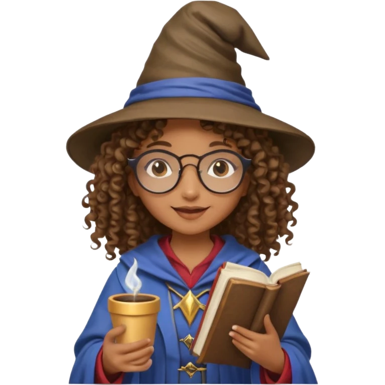 A Joyful child Female with Brown skin and Curly hair, wearing a Traditional outfit, a Wizard hat, Sunglasses, carrying a Spellbook, working as a farmer, while drinking Coffee and reading a Textbook. emoji