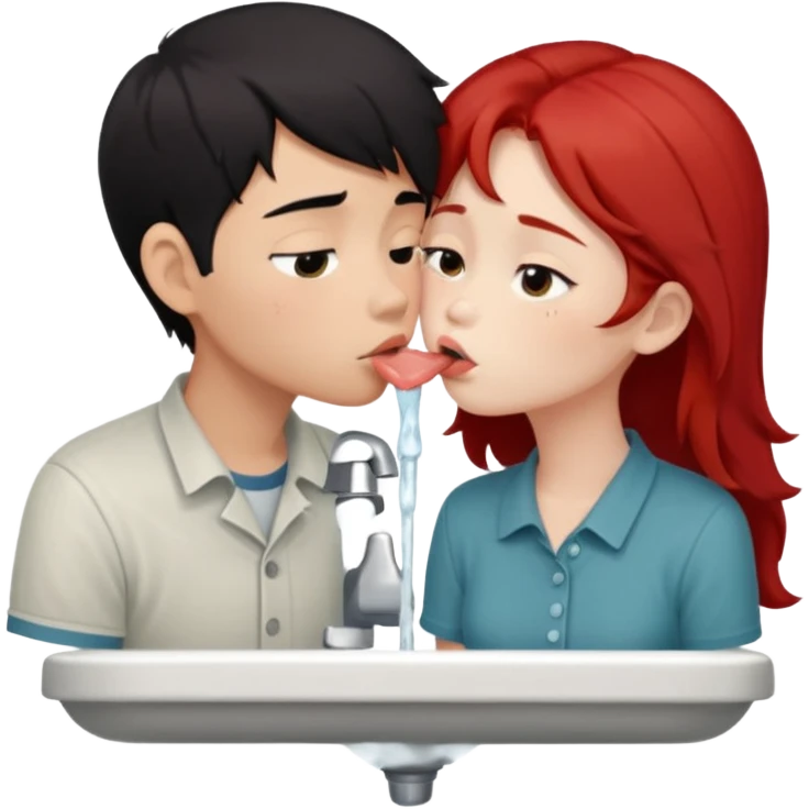 asian black haired boy kisses redhead girlfriend by broken sink emoji