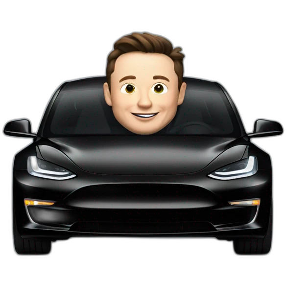 small Elon Musk riding an all black Tesla Model 3, Front view emoji