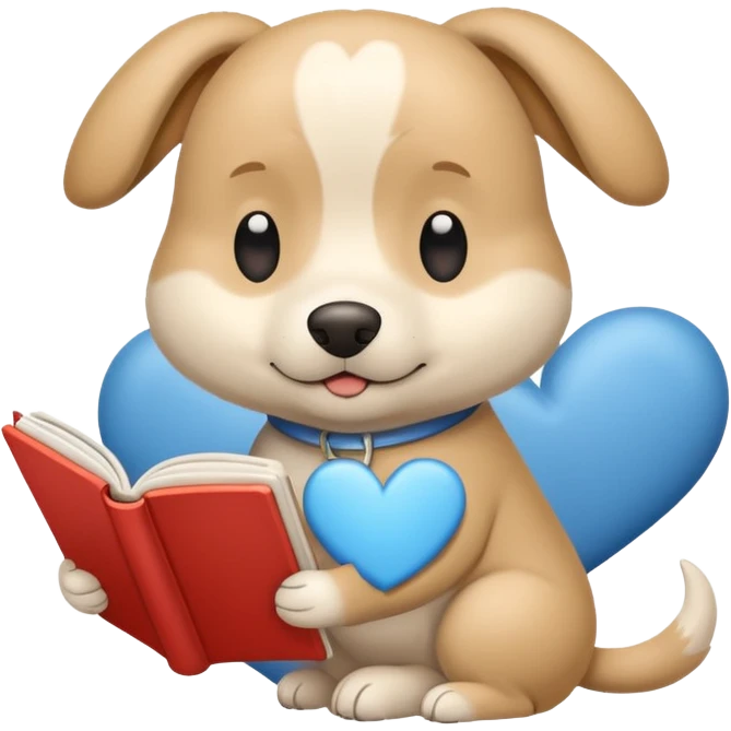 Beige dog reading a sky color book And a big white heart on the back emoji