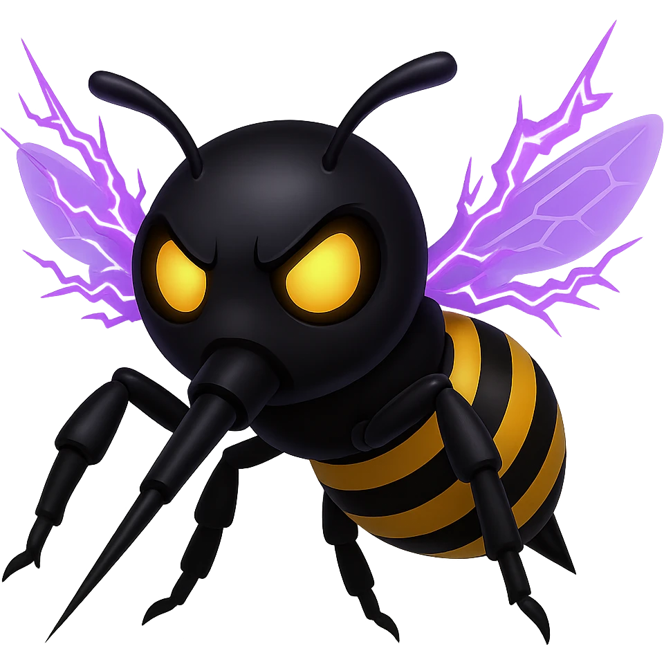 Create a menacing robotic bee with a black head and a syringe stinger, featuring purple crackling energy wings. The style should resemble apple style emojis with concise details and vibrant colors. emoji