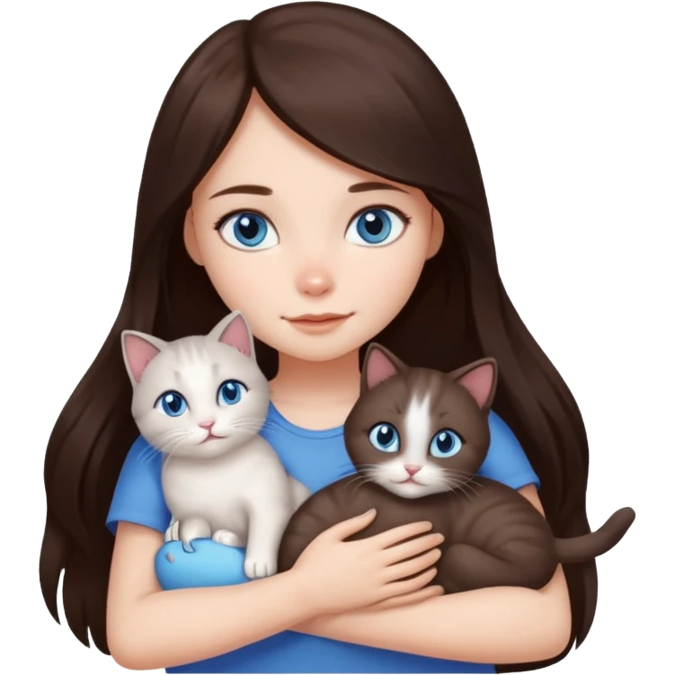 a pretty girl with long dark 
brown hair, with blue eyes, hugs 3 different natural coloured small cats emoji