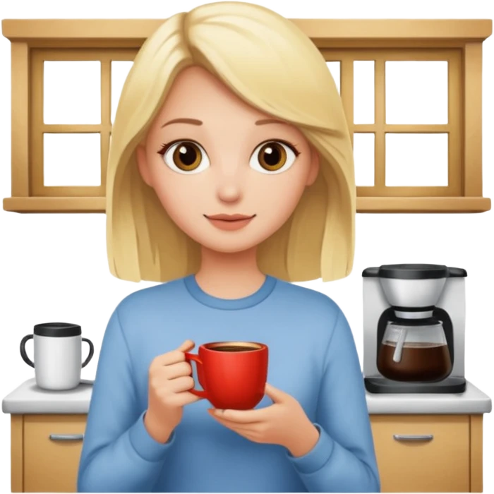 Blonde girl with a cup of coffee in the kitchen  emoji