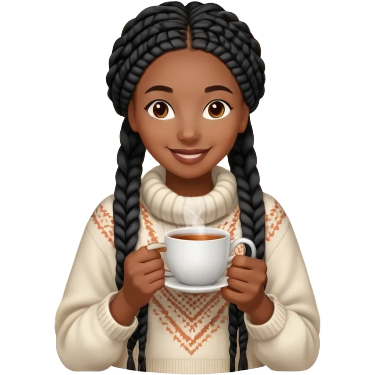 A dark-skinned Black woman with long black box braids, holding a steaming tea cup, wearing a cozy sweater, smiling. emoji