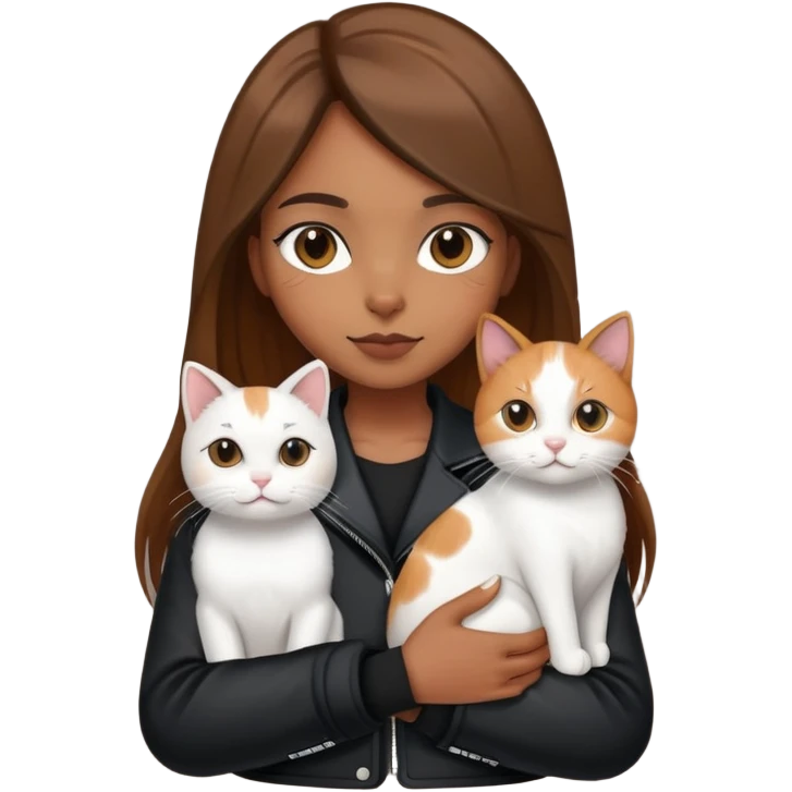 Brown straight-haired girl wearing black jacket with white cat and calico cat emoji