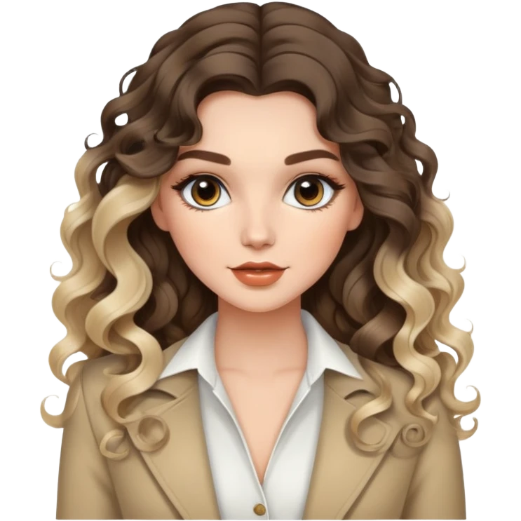beautiful brunette with blondish balayage white female with nice curls/defined waves, very long hair, clean girl makeup and nice outfit  emoji