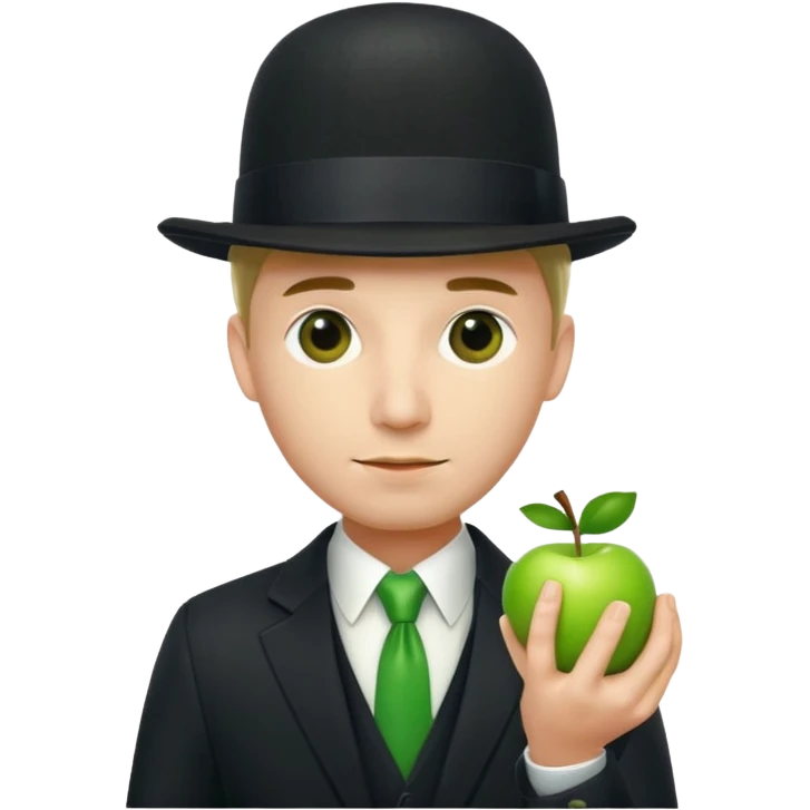 homme en costume chapeu melon aven avec une pomme verte qui cache son visage  emoji
