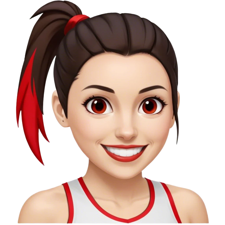 Melanie chisholm with a dark brown high ponytail with a red streak through it, wearing athletic attire and smiling emoji