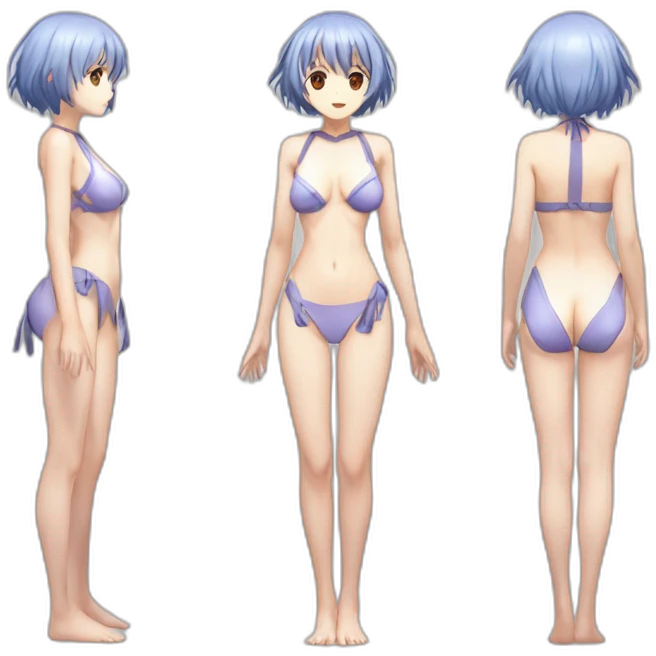 rei ayanami nue, full-body, short-hair, teen, back and front views, bikini emoji