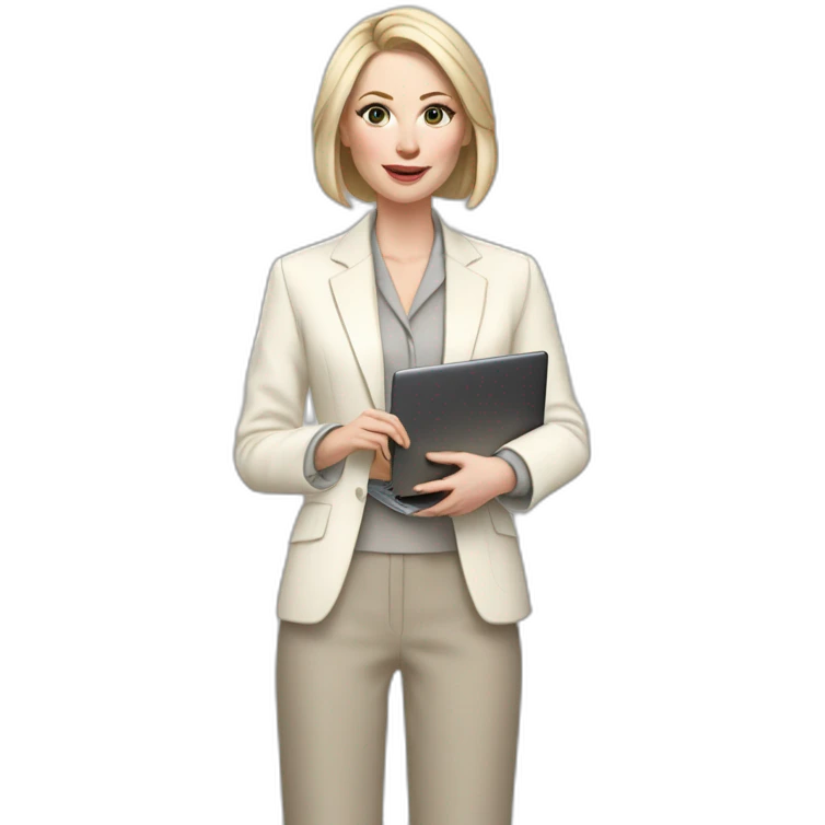 pale skin woman with ash blonde Straightened bob Hair, White Spacious classical jacket, beige palazzo Arrow pants and gray blouse holding a MacBook in the hands emoji