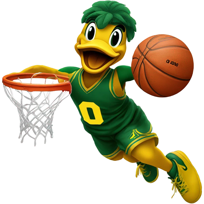 University of Oregon Duck mascot dunking a basketball emoji