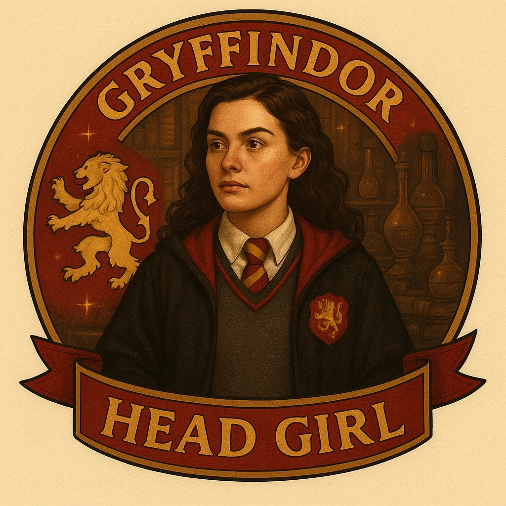 Make this Gryffindor head girl badge more realistic, with lifelike facial features, realistic textures on the uniform, and a detailed lion emblem, keeping the magical and academic atmosphere. emoji