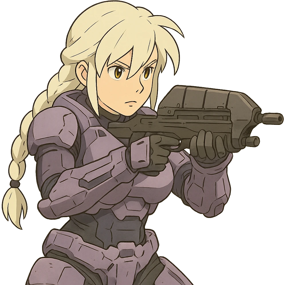 female, wearing reach spartan armor shoulder-unequip, long white braid hair with massive messy front side single bangs, gold yellow eyes, attention pose, HALO:series, no helmet, the armor is lavender color scheme, shoulder pad off. DDD bust size fitting. ,  aiming a classic HALO1 AR, tactical, lean emoji
