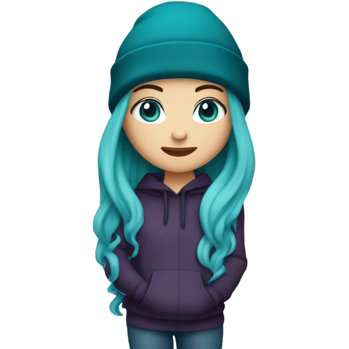 White girl, blue eyes, long teal hair, purple beanie hat, black hoodie, blue jeans, black shoes emoji