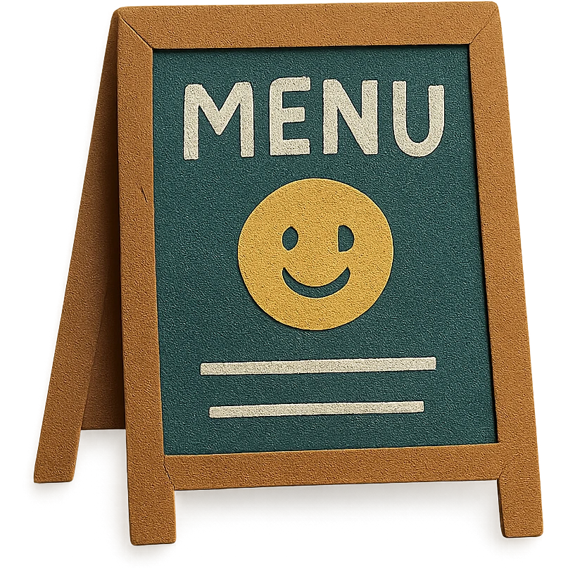 small café chalkboard menu with smiling face doodle, hand-drawn pastel emoji