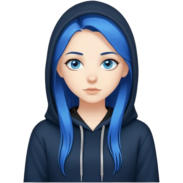 white girl with blue eyes long straight dark blue hair wearing black hoodie emoji